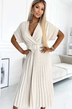 Robe beige casual midi plissée
