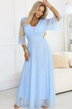 Robe bleue en tulle longue fluide