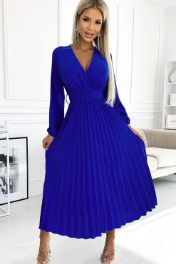 Robe bleue électrique plissée manche longue