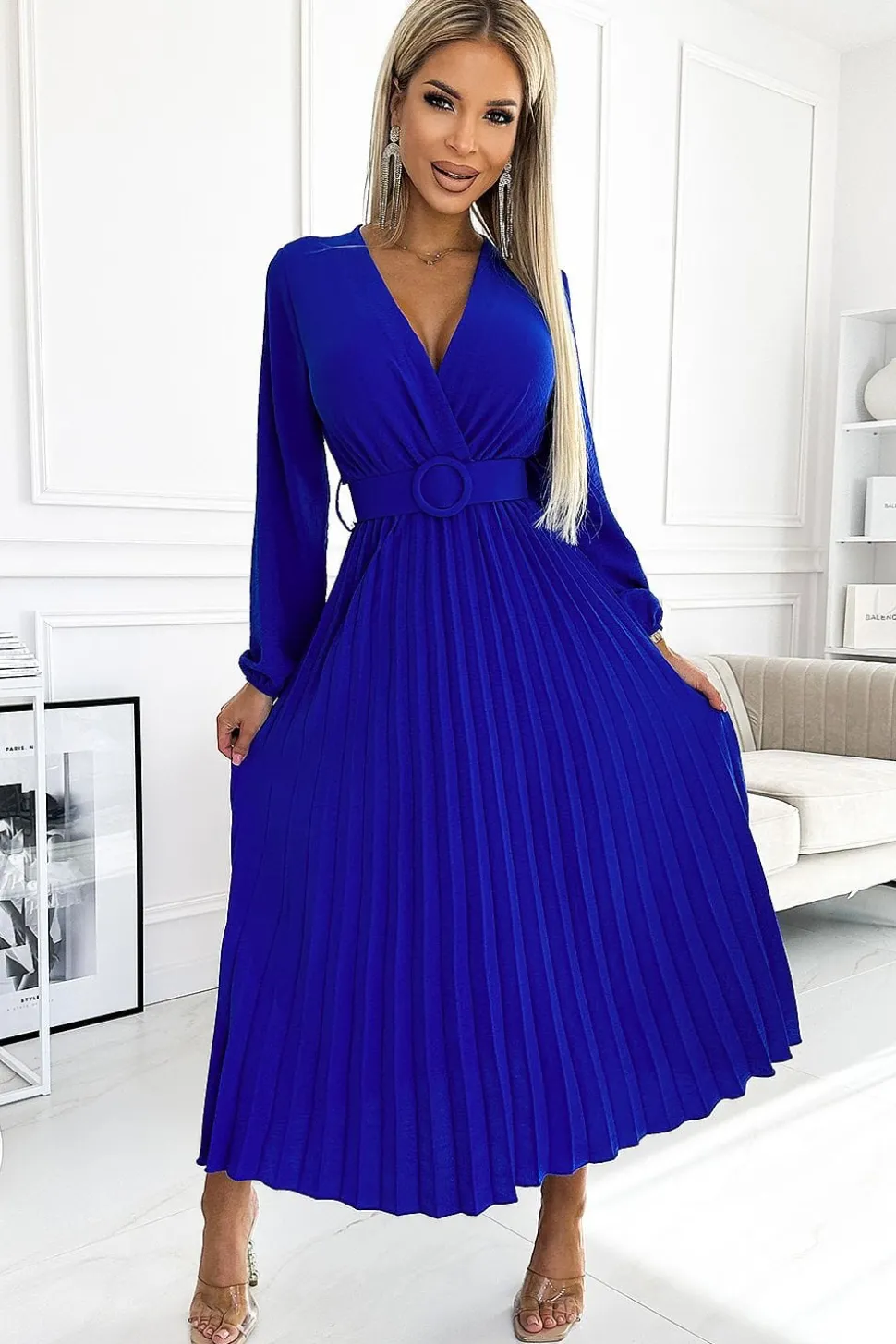 Robe bleue électrique plissée manche longue