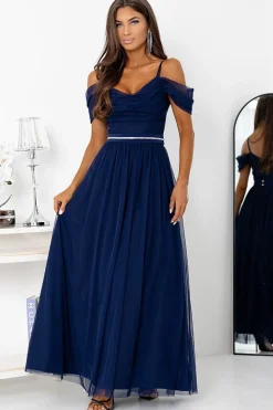 Robe bleue longue épaules dénudées