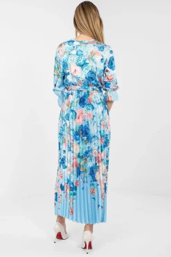 Robe bleue plissée longue motif fleuri