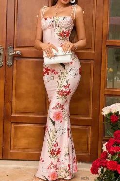 Robe bodycon longue motif floral et bretelles fines
