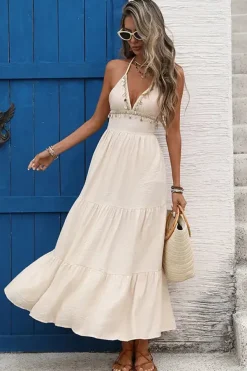 Robe bohème beige longue avec décor de coquillages