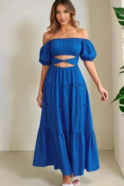 Robe bohème bleue épaules dénudées
