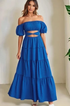 Robe bohème bleue épaules dénudées