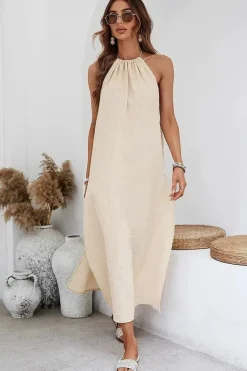 Robe bohème dos nu beige fendue