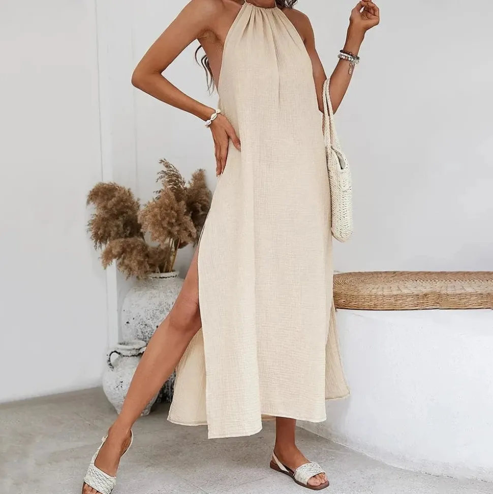 Robe bohème dos nu beige fendue