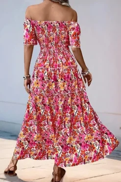 Robe bohème fleurie fendue épaules dénudées