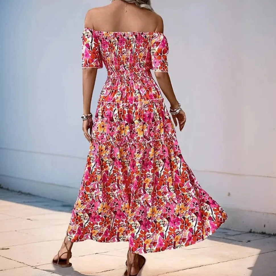 Robe bohème fleurie fendue épaules dénudées