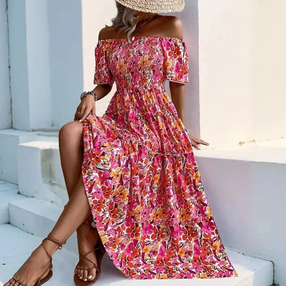 Robe bohème fleurie fendue épaules dénudées