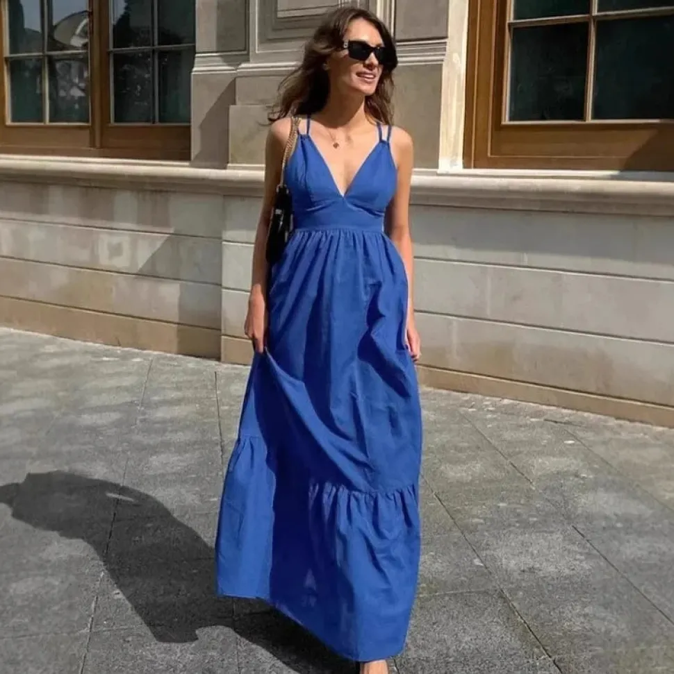 Robe bohème longue bleue col en V
