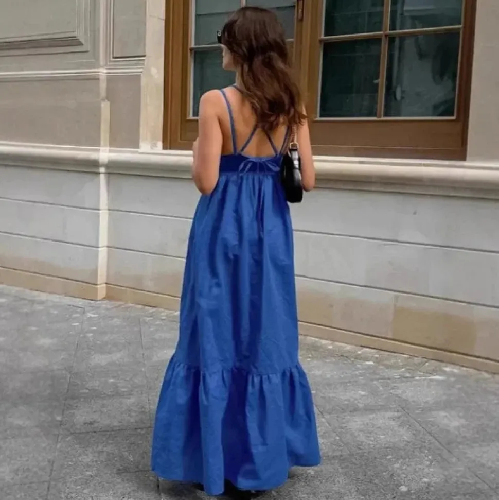 Robe bohème longue bleue col en V