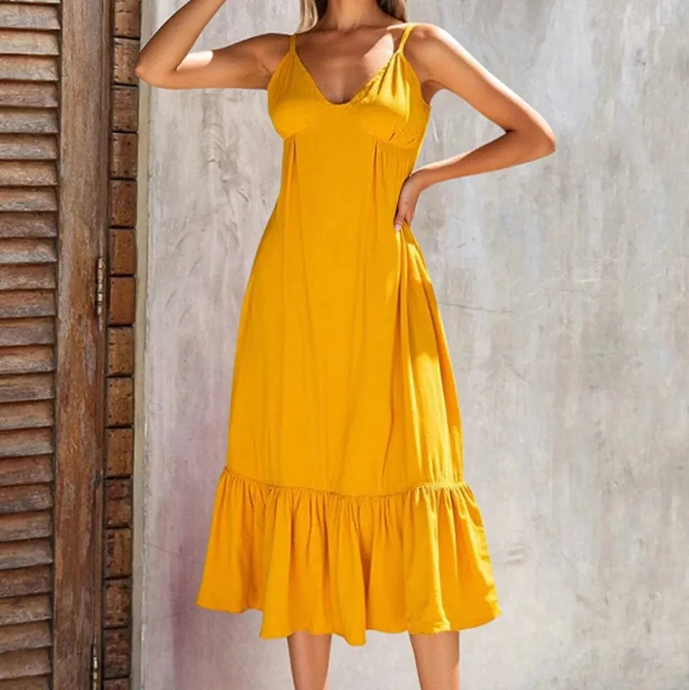 Robe bohème midi jaune à bretelles fines