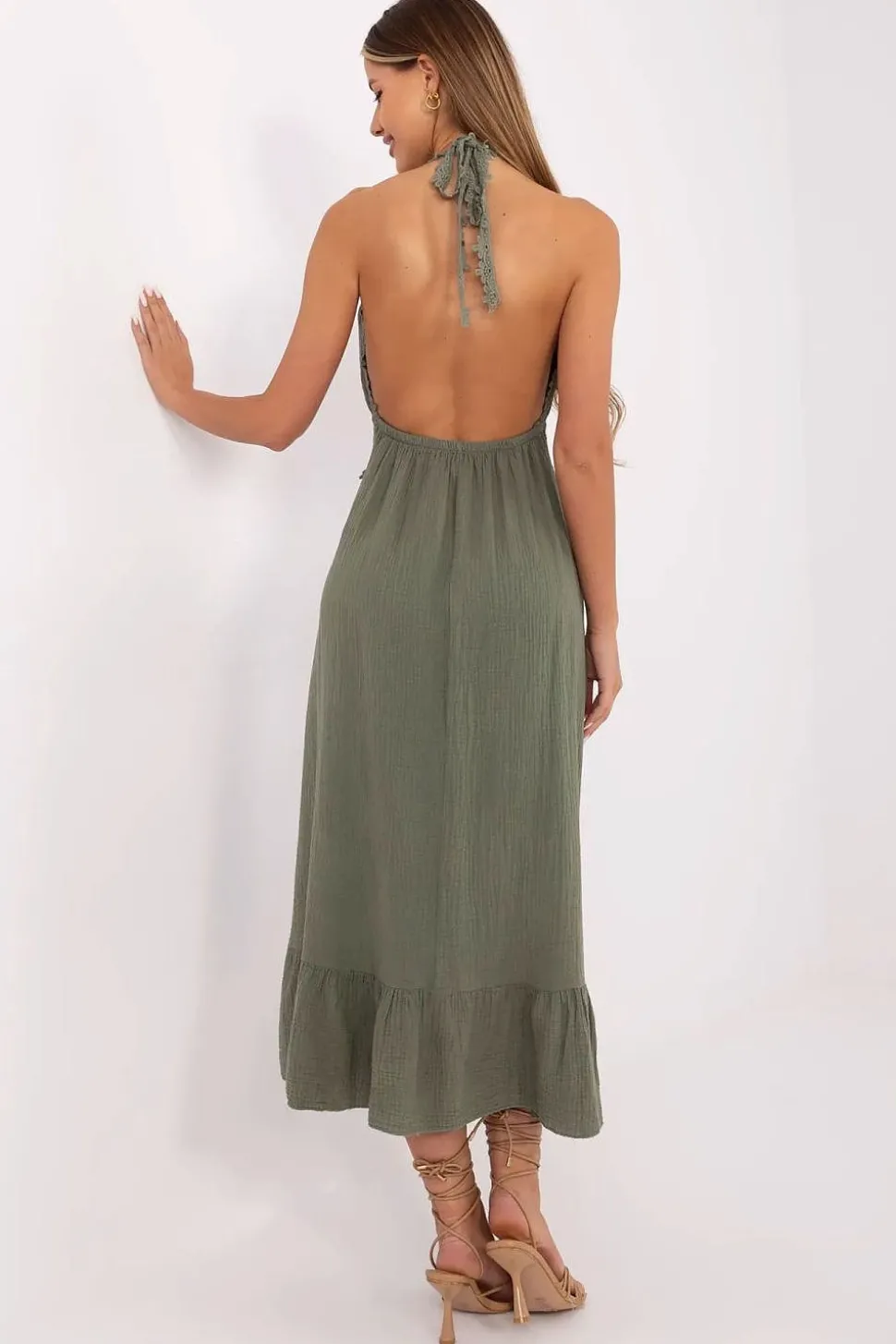 Robe bohème été verte dos nu en gaze de coton