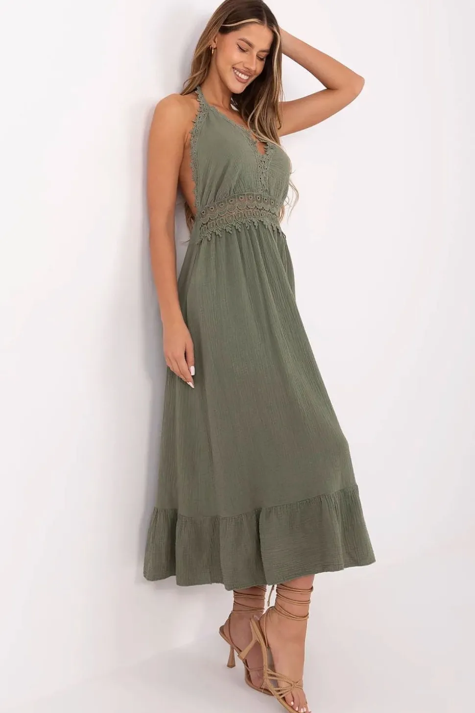 Robe bohème été verte dos nu en gaze de coton