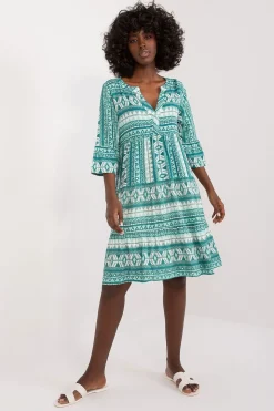Robe bohème verte et blanche manches 3/4