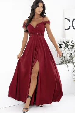 Robe bordeaux longue fendue chic