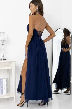Robe bustier bleue longue fendue
