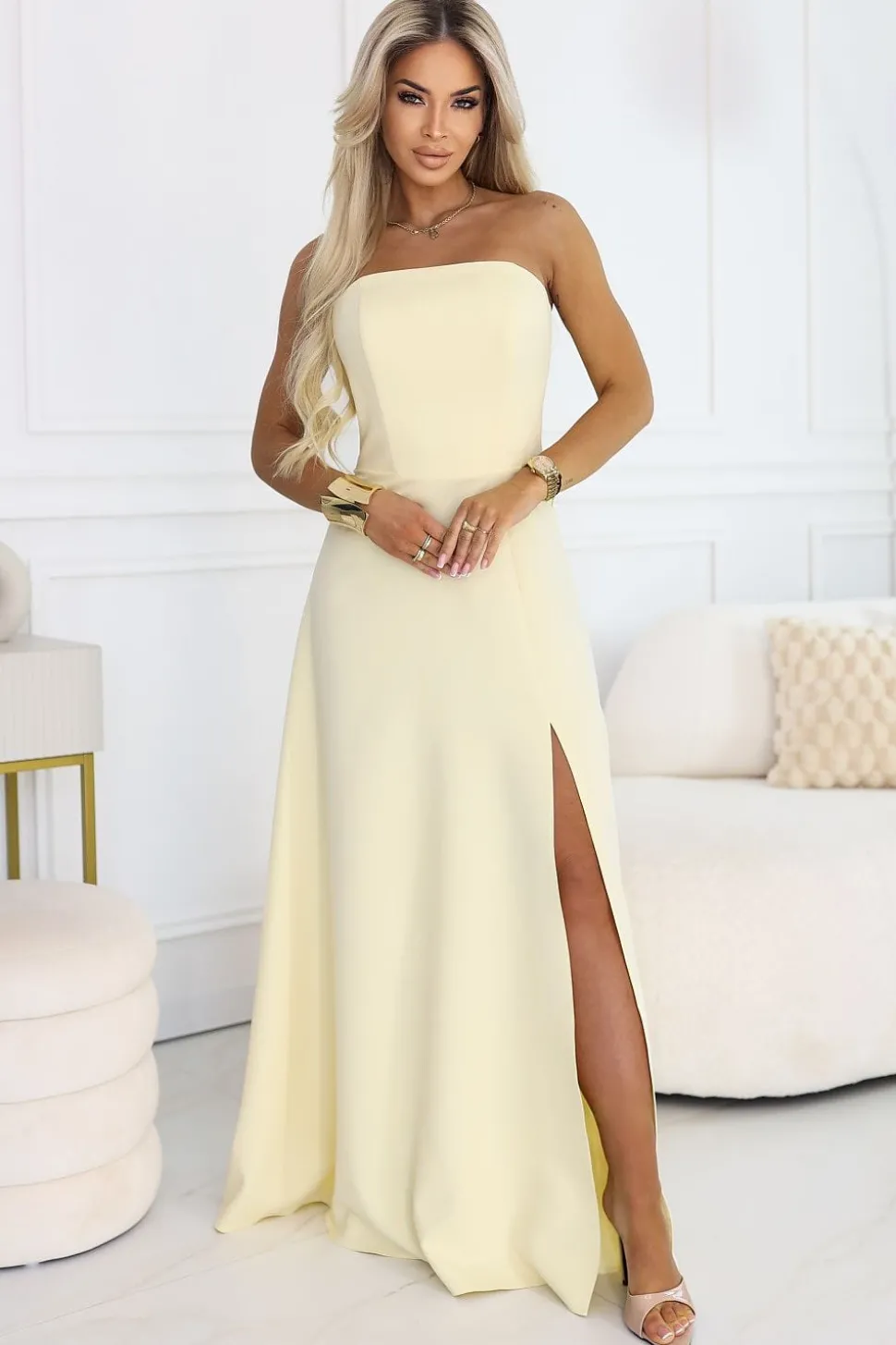 Robe bustier longue jaune fendue