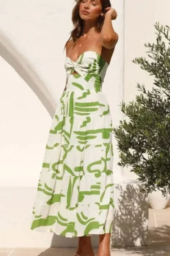 Robe bustier motifs verts midi évasée