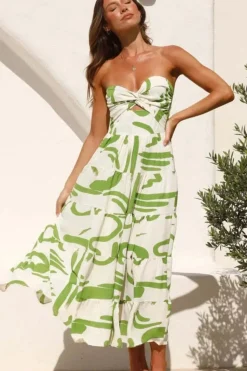 Robe bustier motifs verts midi évasée