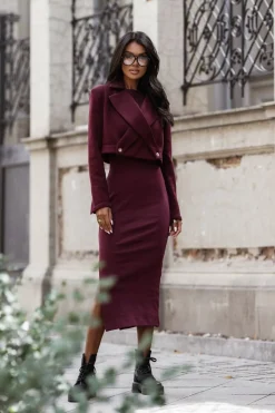 Robe casual bordeaux avec jacquet midi moulante