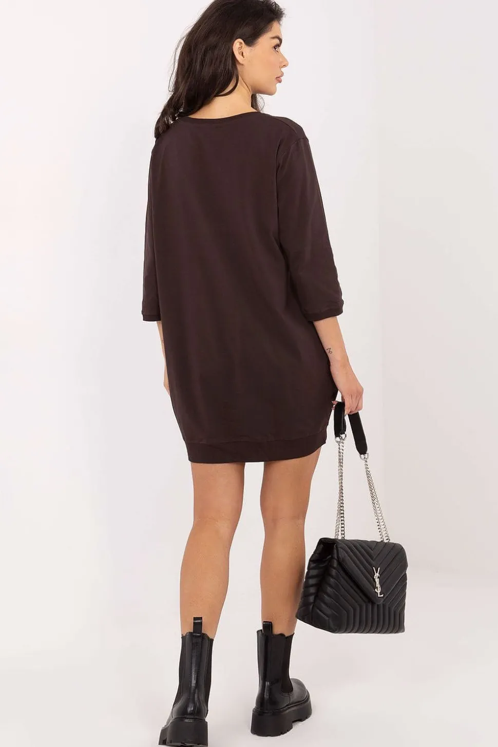 Robe casual en maille marron manches 3/4