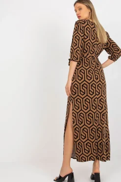 Robe casual marron longue fendue