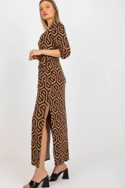 Robe casual marron longue fendue