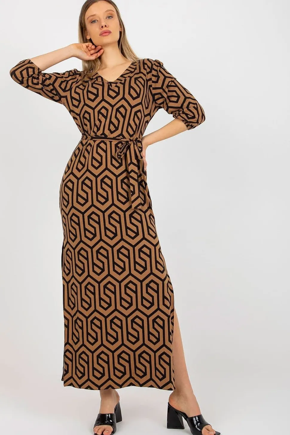 Robe casual marron longue fendue