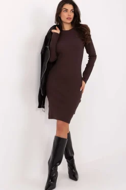 Robe casual marron moulante manches longues