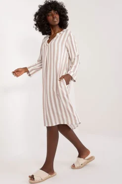 Robe casual rayée beige midi manches longues