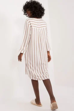 Robe casual rayée beige midi manches longues