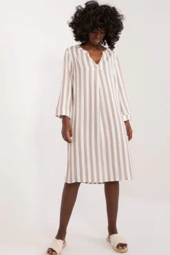 Robe casual rayée beige midi manches longues