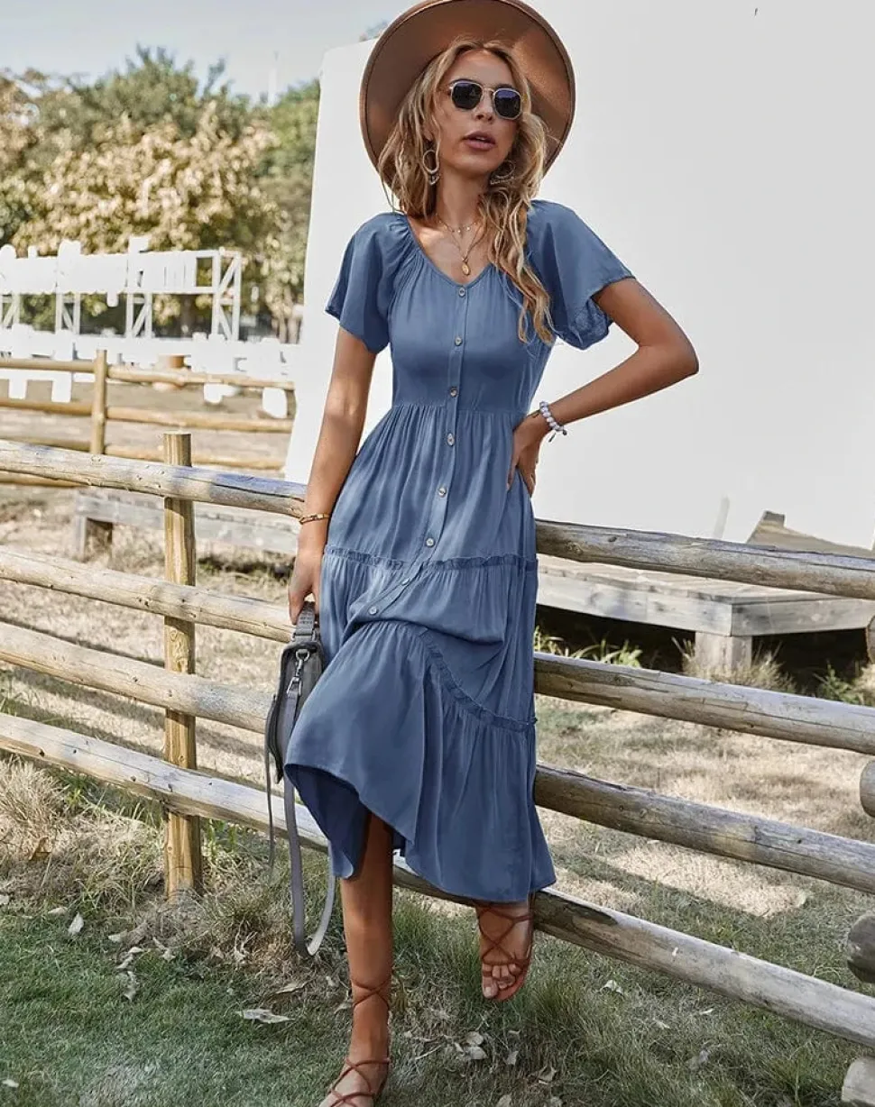 Robe champêtre midi manches courtes