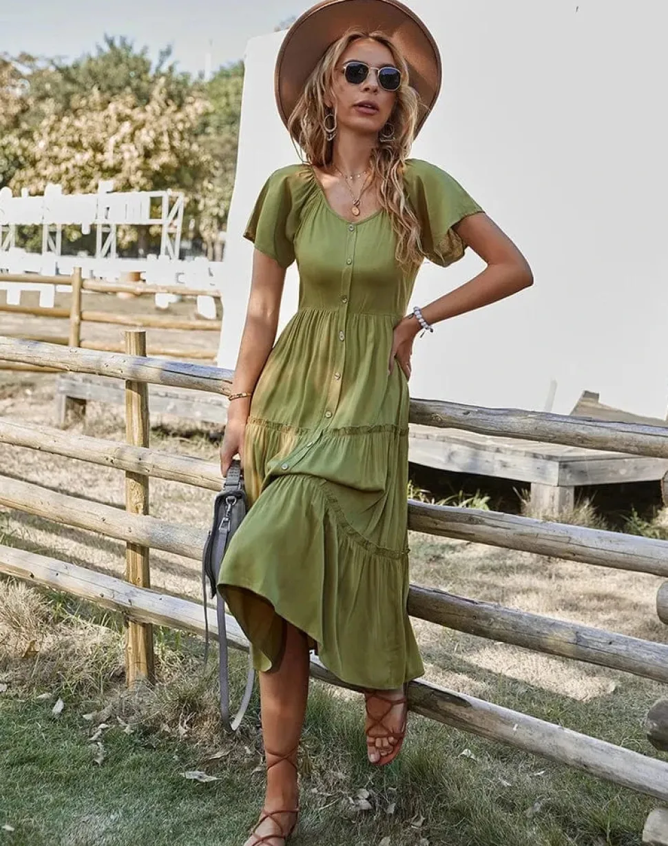 Robe champêtre midi manches courtes