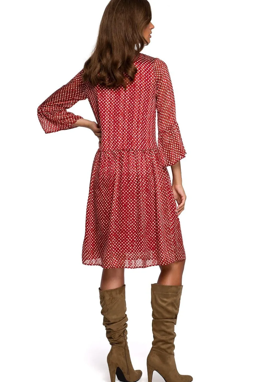 Robe champêtre rouge aux pois blancs manches longues