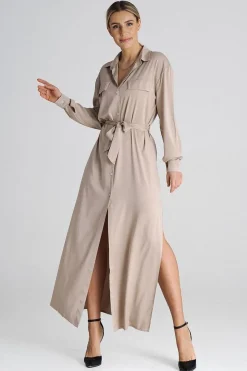 Robe chemise beige longue manche longue