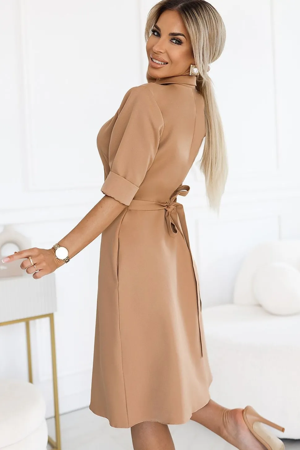Robe chemise beige manches courtes