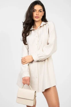 Robe chemise beige rayée manches longues