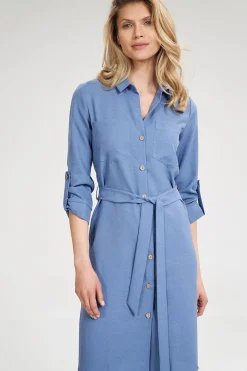 Robe chemise bleue manches longues