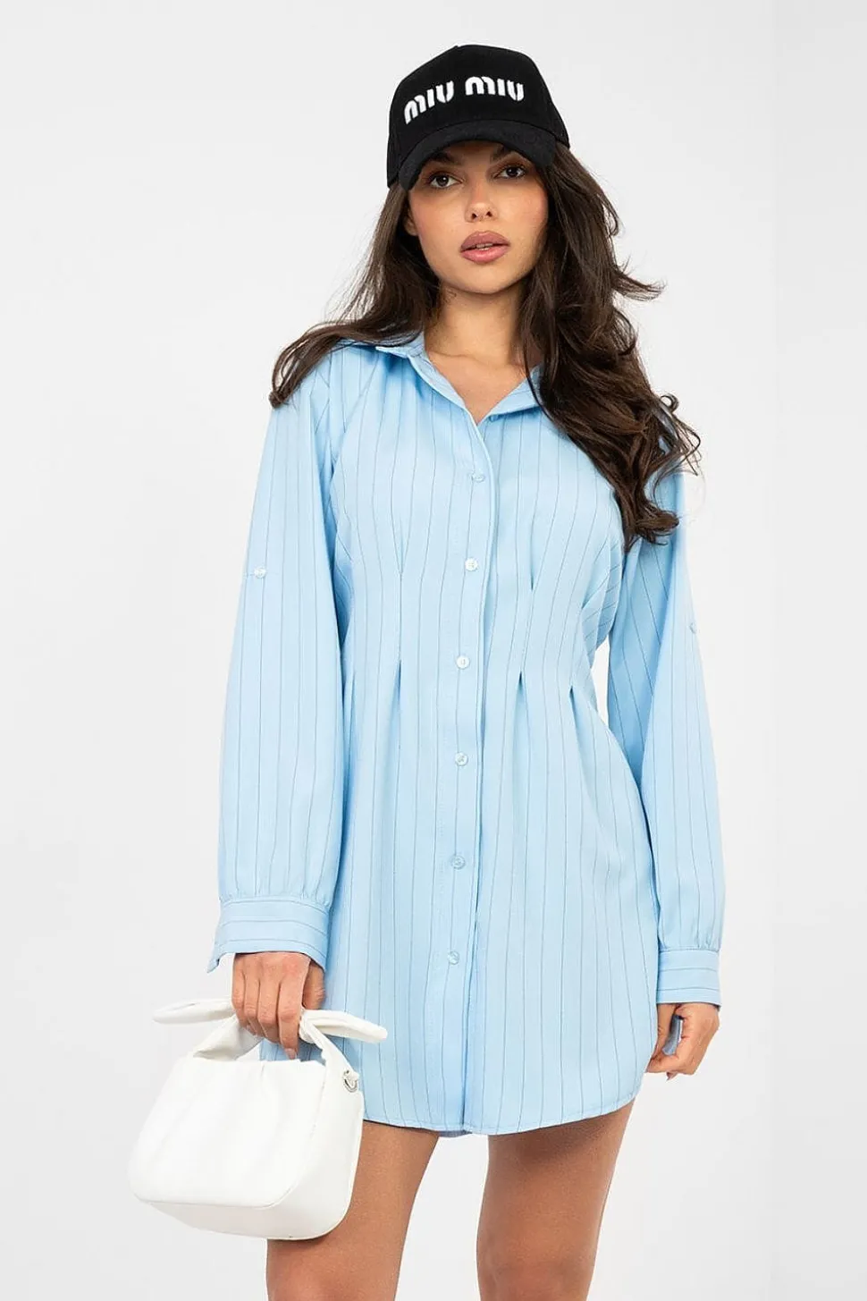Robe chemise courte bleu manches longues
