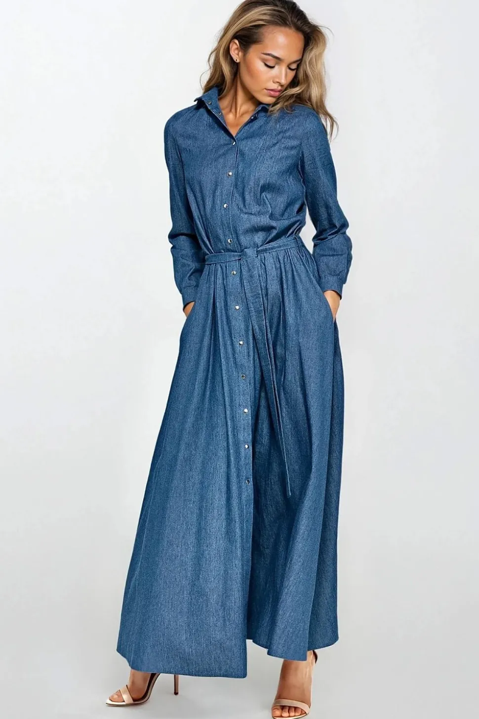 Robe chemise en jean longue manches longues