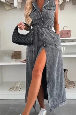 Robe chemise en jean longue sans manches