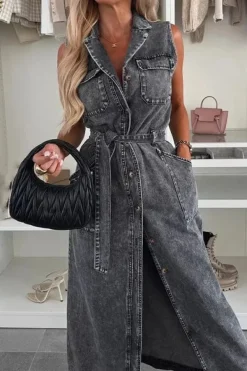 Robe chemise en jean longue sans manches