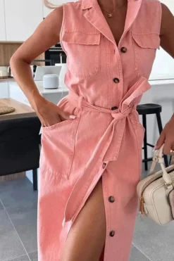 Robe chemise en jean longue sans manches