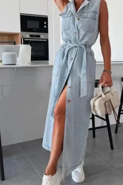 Robe chemise en jean longue sans manches
