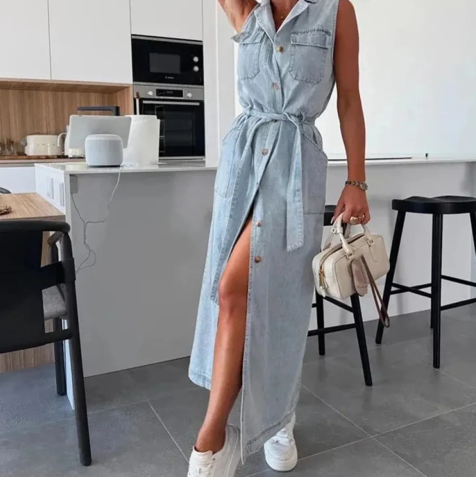 Robe chemise en jean longue sans manches