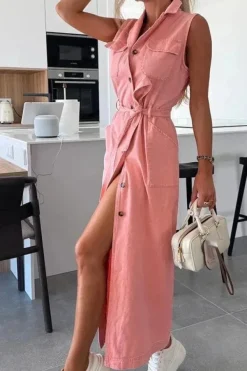 Robe chemise en jean longue sans manches